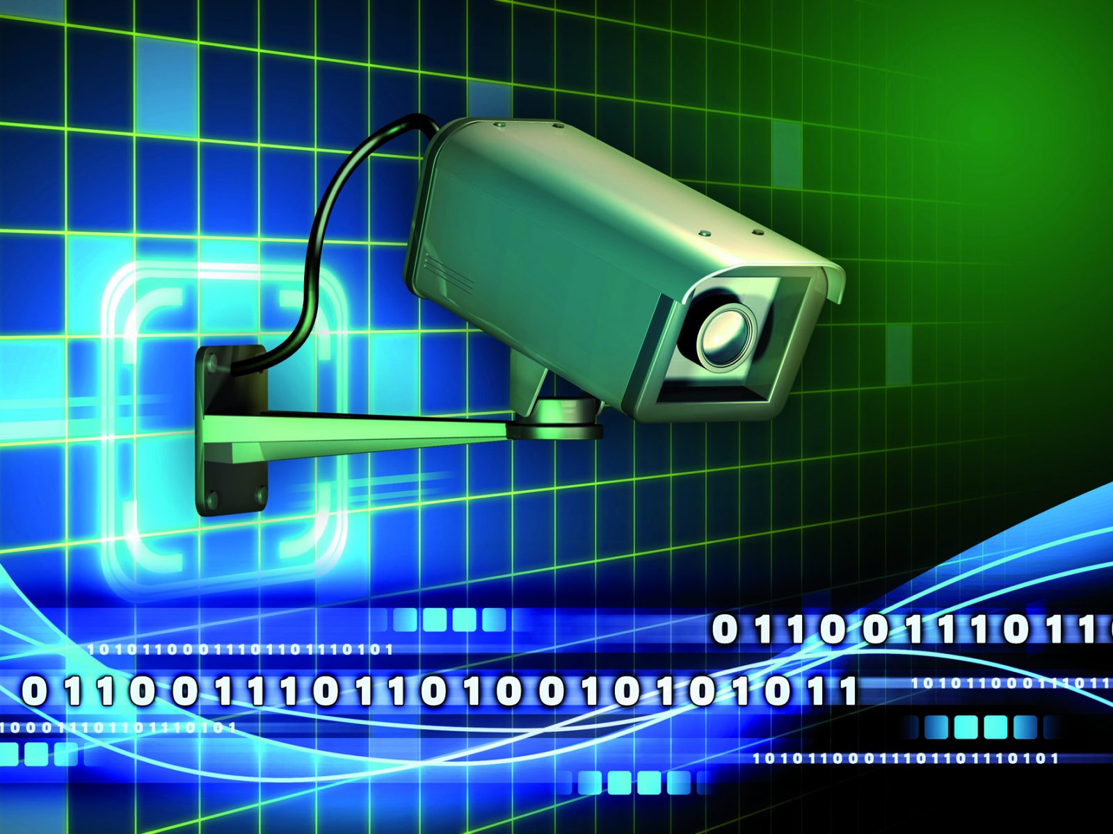 Security camera checking a data stream. Digital illustration.